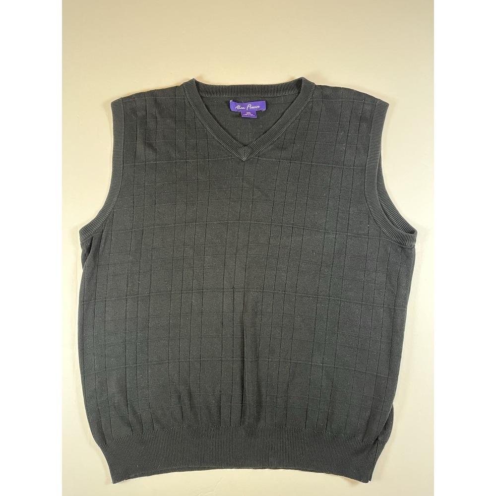 Alan‎ Flusser 100% Silk Sweater Vest Men XXL Black Geometric V-Neck Windowpane
